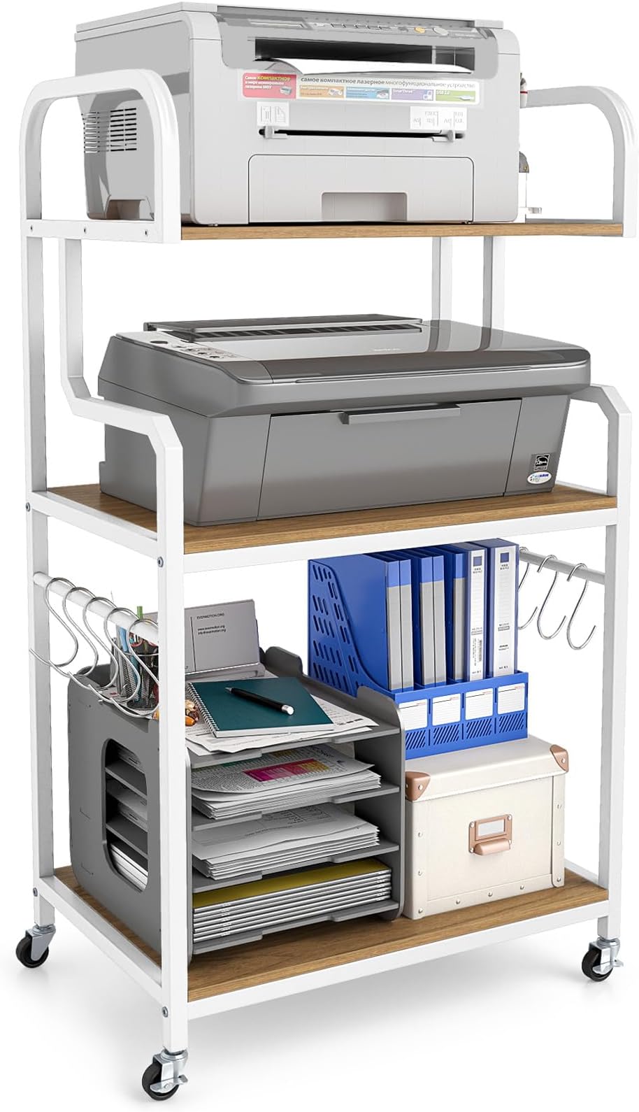 Giantex 3-Tier Rolling Printer Stand with Storage Shelves, 10 Hooks & Locking Wheels, 24"x16"x43.5" Heavy-Duty Tall Printer Table for Shredder Scanner Fax, Home Office Storage Organization (Natural)