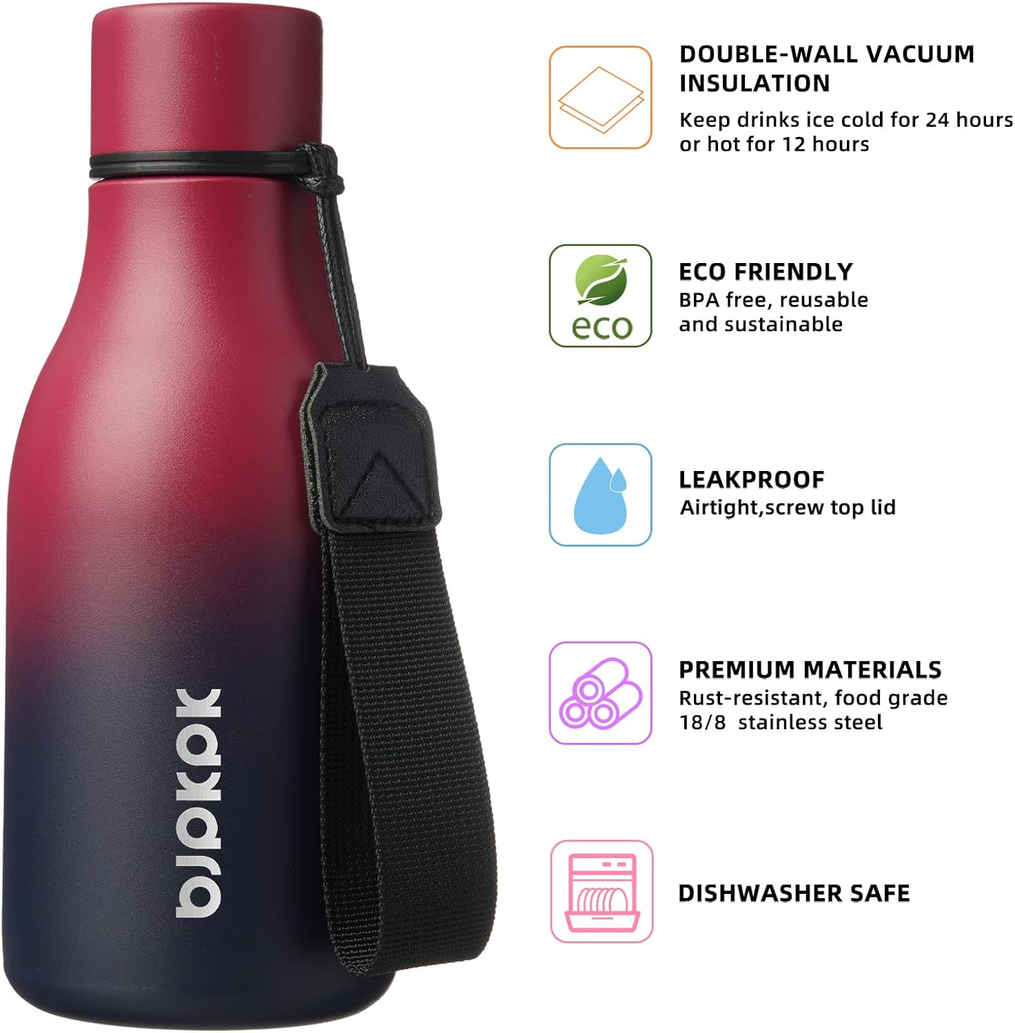 BJPKPK Insulated Water Bottles, 12oz Stainless Steel Metal Water Bottle with Strap, BPA Free Leak Proof Jugs, Mugs, Flasks, Reusable Thermal Flasks for Sports & Travel, Charming Black Red - Image 2