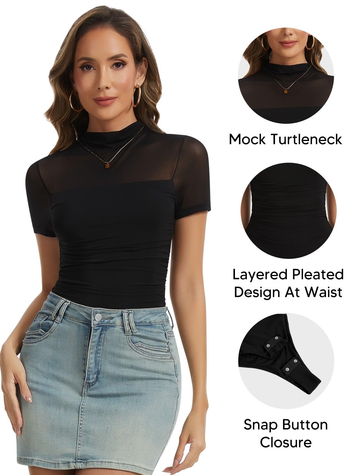 Joyshaper Body Damen Kurzarm Sexy Bodysuit Elegant Stehkragen Netzbody Leotard Top Damenbody Party Hochzeit
