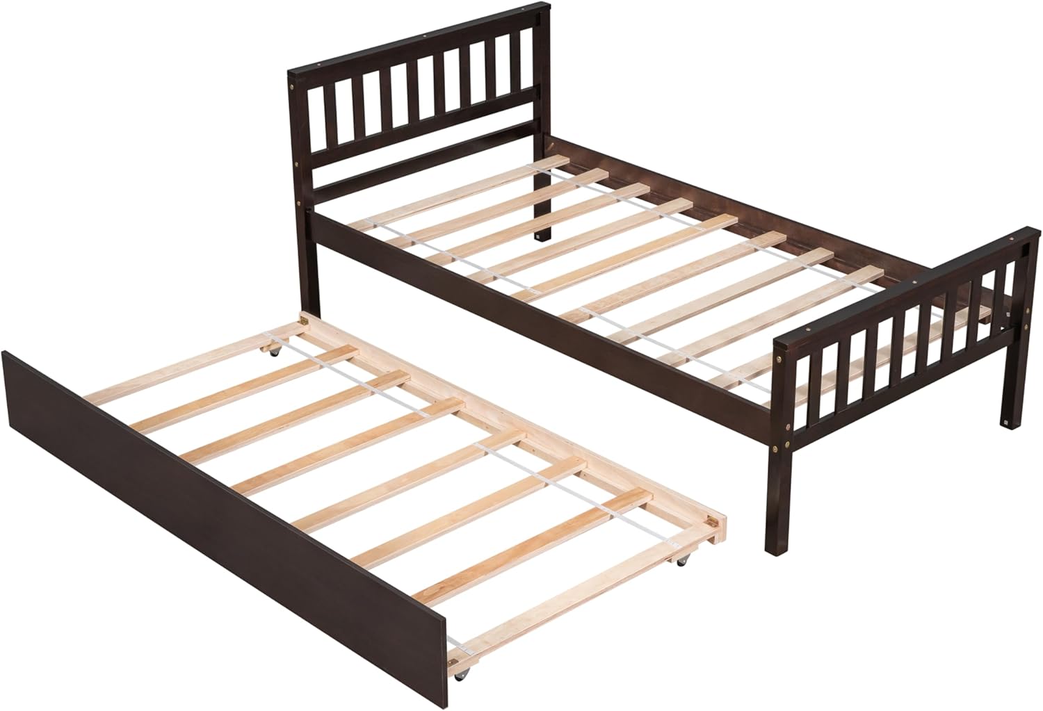 Twin Bed with Trundle, Wood Day Bed Frame with Headboard and Footboard, Wood Bed Frame Twin Size Pull Out Bed for Bedroom Small Living Space, No Box Spring Needed for Kids Adults, Espresso