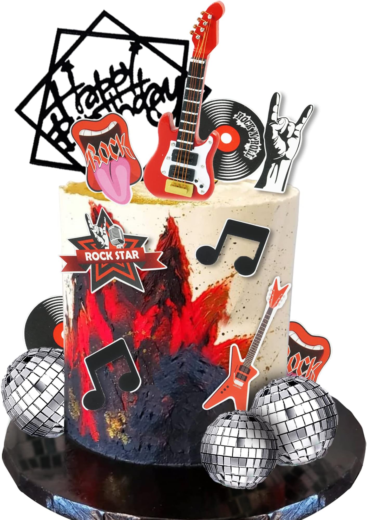 Guitar Cake Toppers Music Theme Birthday Cake Toppers Electric Guitar Model Rock And RollCake Decorations For Rockstar Theme Party Guitar Party Bass Party Supplies (Red)