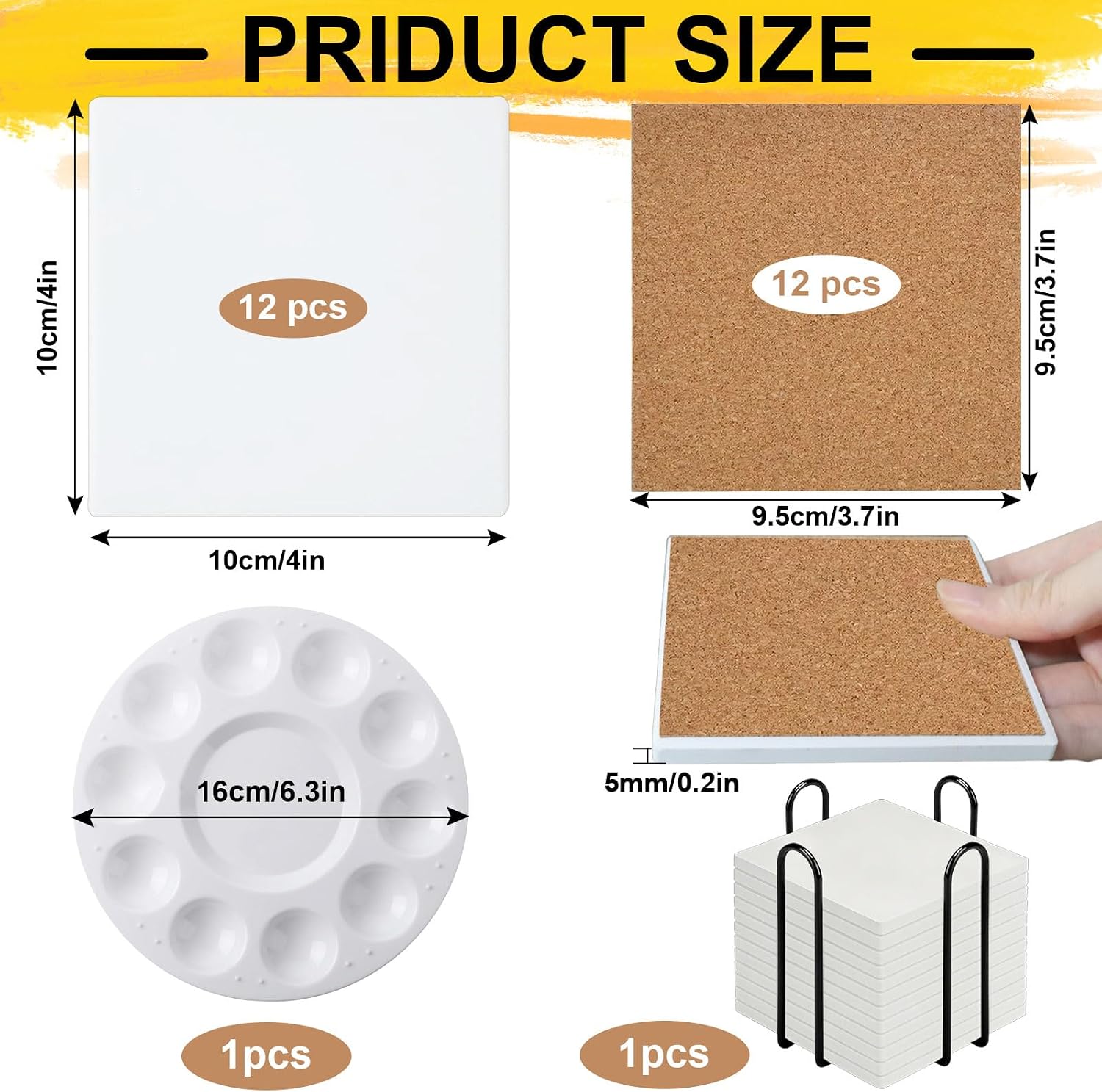 12 Pcs Square Ceramic Tiles for Crafts, Ceramic Tiles 4x4 Inches with Iron Storage Shelf and Cork Backing Pads, Unglazed Ceramic Tile for Painting, Alcohol Ink, Acrylic Pouring