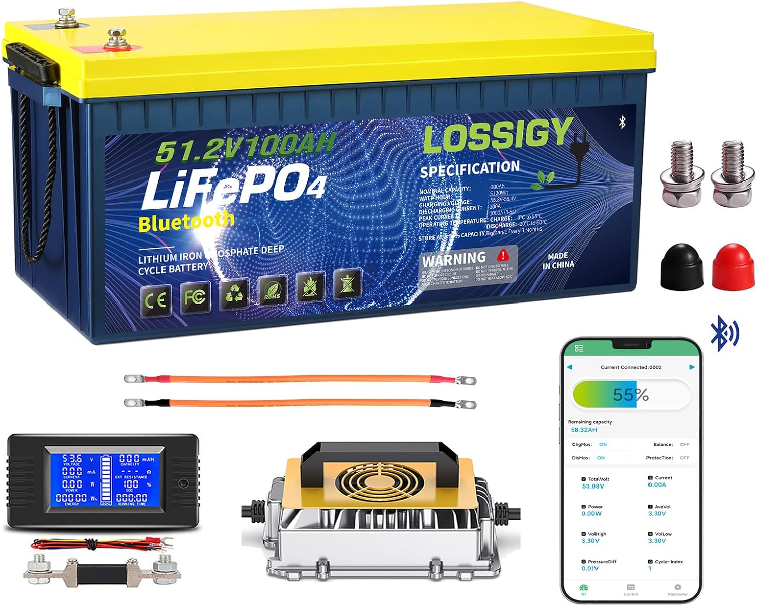 LOSSIGY 48V Lithium Battery Golf Cart, With 18A Charger & LCD Mobile Monitor,100Ah LiFePO4 battery with 200A BMS,10.24kW Output, 1000A Peak Current,Prefect for Golf Carts,RV Solar System