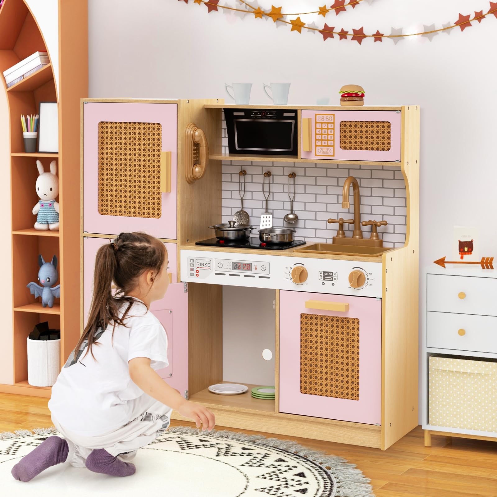 COSTWAY Cuisine Enfant avec Lumière & Effet Sonore, Cuisiniere Enfant avec Distributeur d'eau & Machine à Laver & Four, Portes en Rotin, Jeu de Cuisine pour Garçons Filles de 3 Ans+ (Rose)