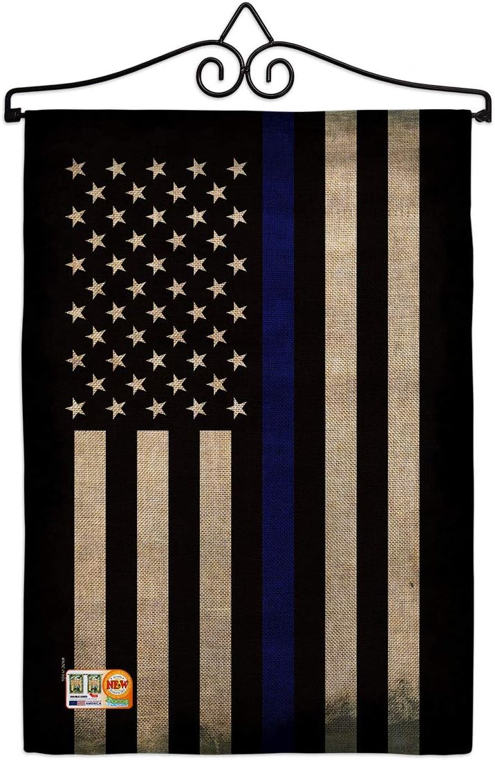 USA Thin Blue Line Garden Flag Set Wall Holder First Responders Police Cop Law Enforcement Sheriff Officer Support Small Decorative Gift Yard House Banner Double-Sided Made In 13 X 18.5