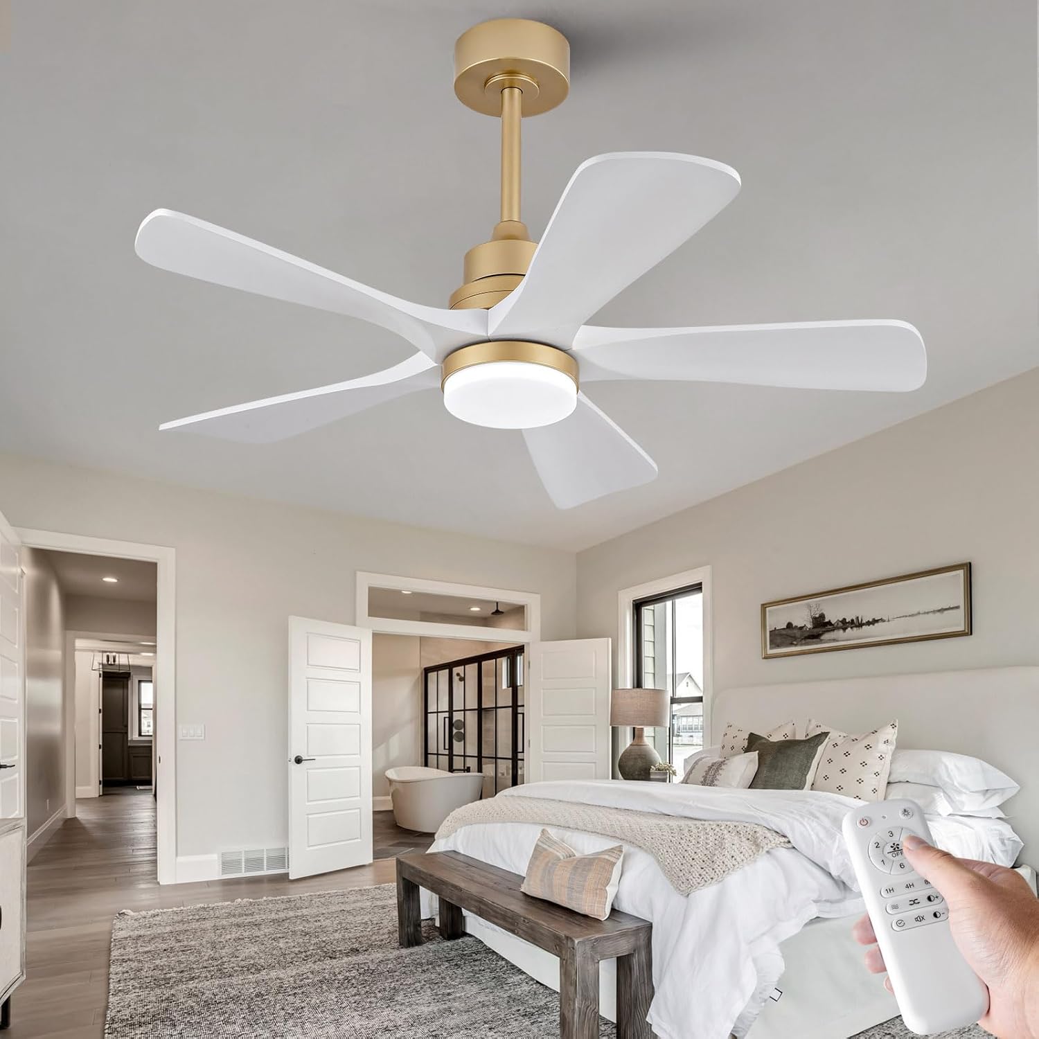 BOJUE 42 Inch Ceiling Fans with Lights and Remote Control, White Gold Ceiling Fan with Light for Bedroom Patio, Noiseless DC Motor, Dimmable Led, 5 Solid Wood Blades
