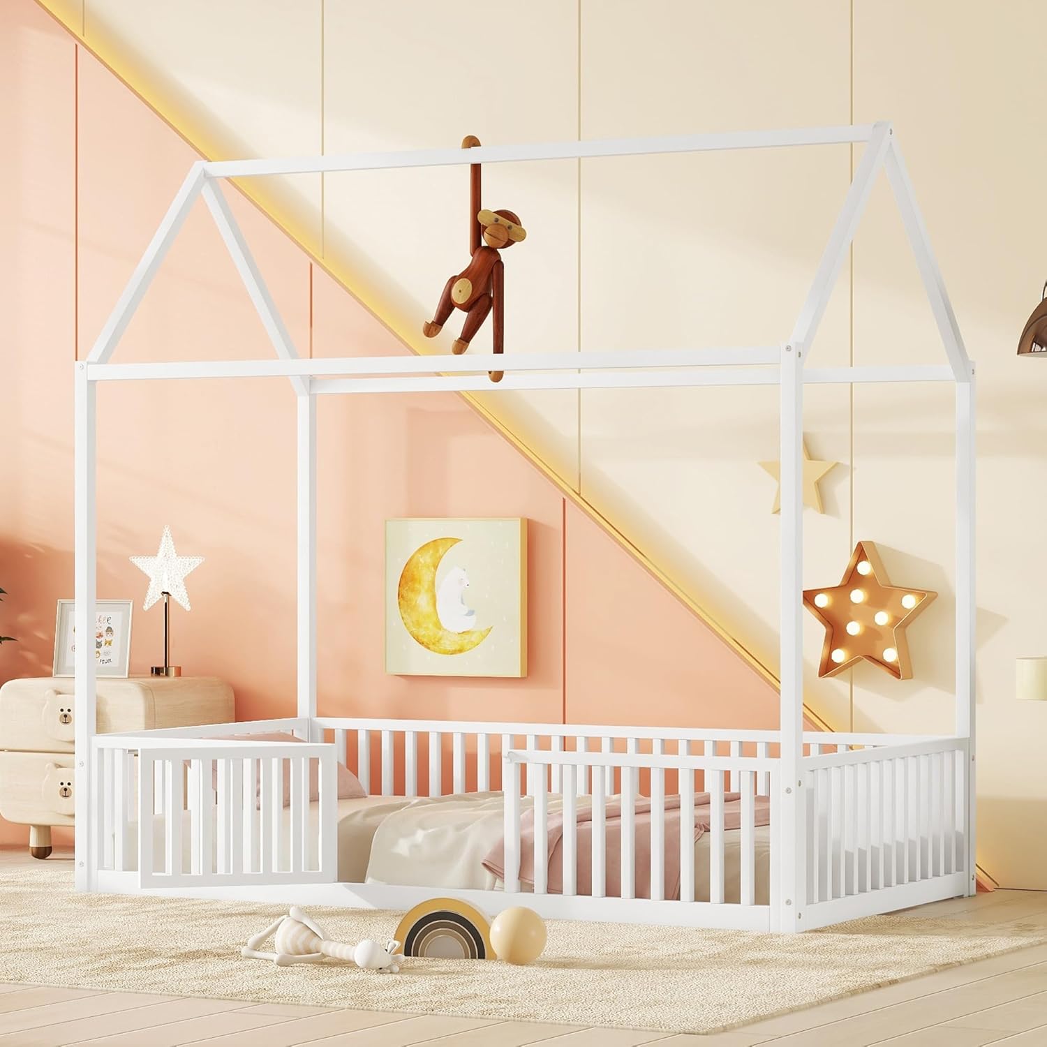 Bellemave Twin Size House Bed, Montessori Floor Bed for Kids, Metal House Beds with Door and Fencefor Kids, Twin, White