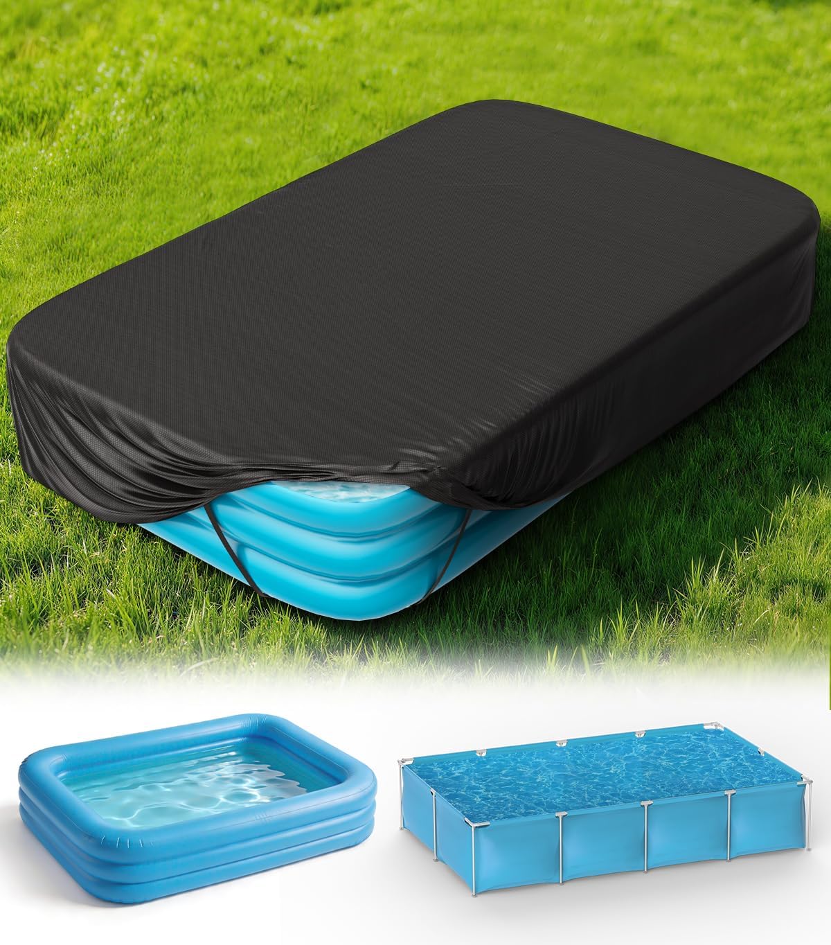 150" x 74" Inflatable Pool Cover, Rectangle Pool Covers for Blow Up Pool, 12.5 x 6.17 ft Rectangular Above Ground Pool Cover with Drawstring & Rope Tie - Quick Setup Snug Fit, Dustproof, Windproof