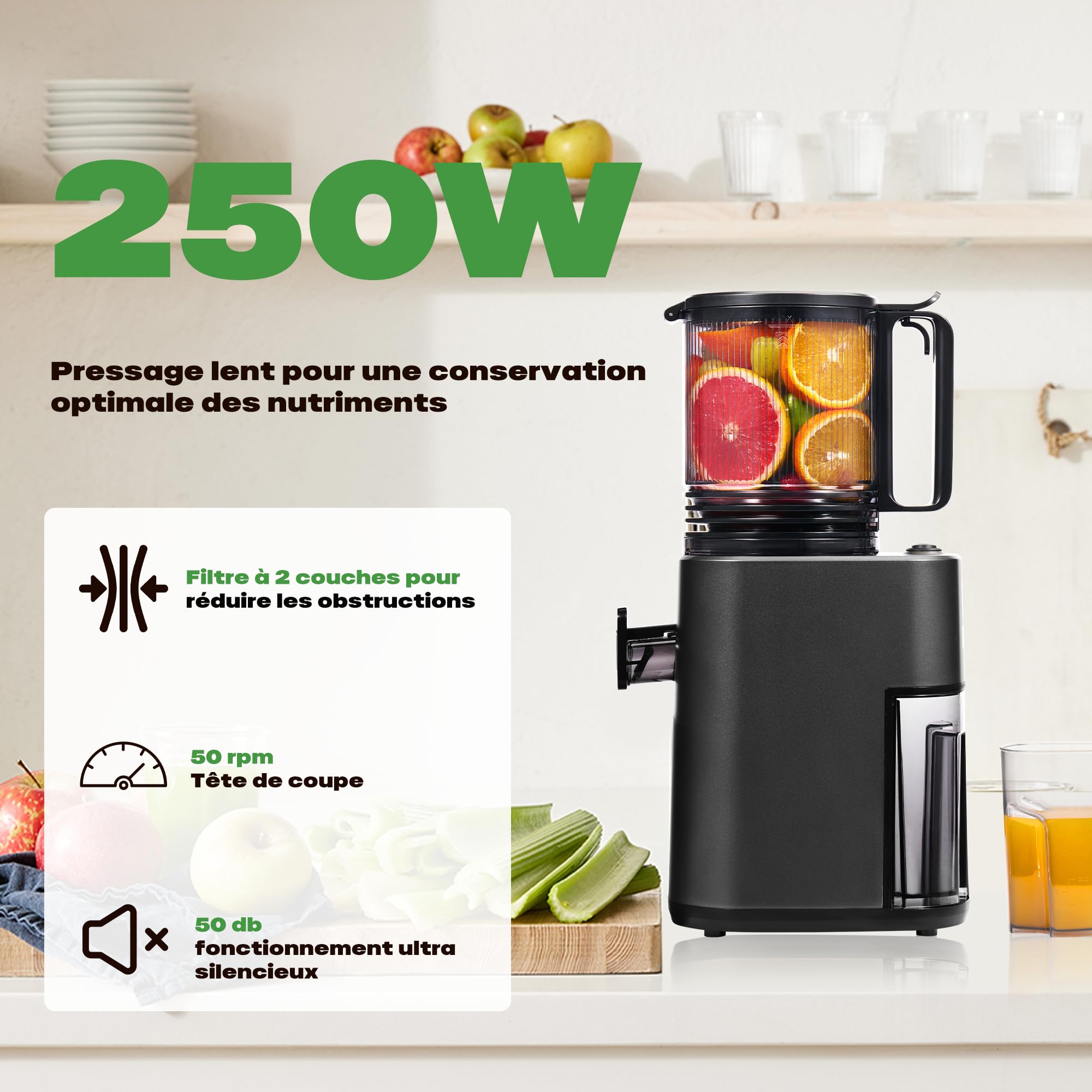 Extracteur de Jus de Fruits et Légumes 14cm 2L Slow Juicer Facile à installer Matte Noir