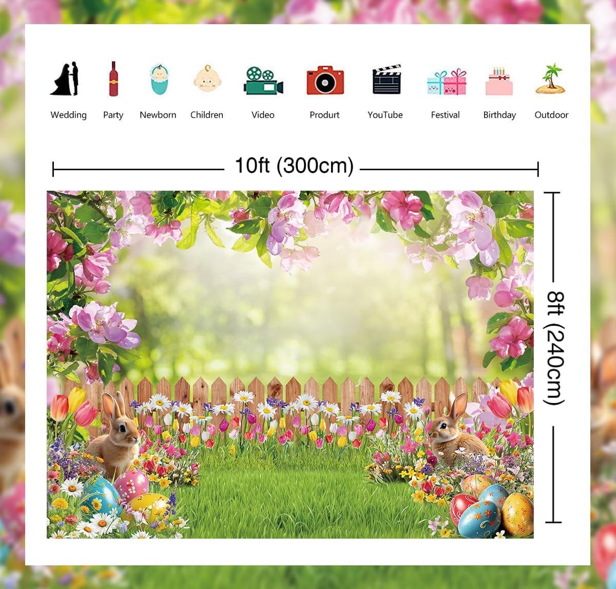 Spring Easter Backdrop Spring Garden Colorful Eggs Photography Background Easter Party Decorations Banner Kids Baby Shower Birthday Photo Props (120x96 inch (10x8FT))