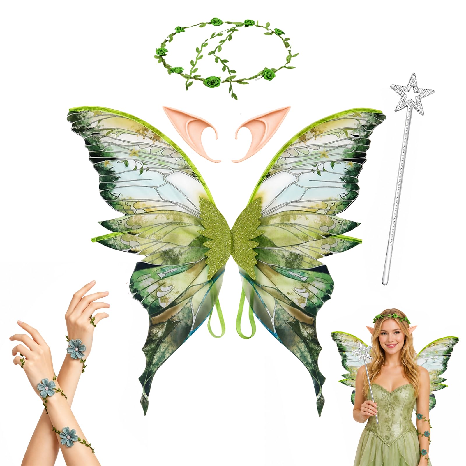 KAZGVN Green Leaf Fairy Wings 5-Piece Set, Halloween Cosplay Accessories โ image 1