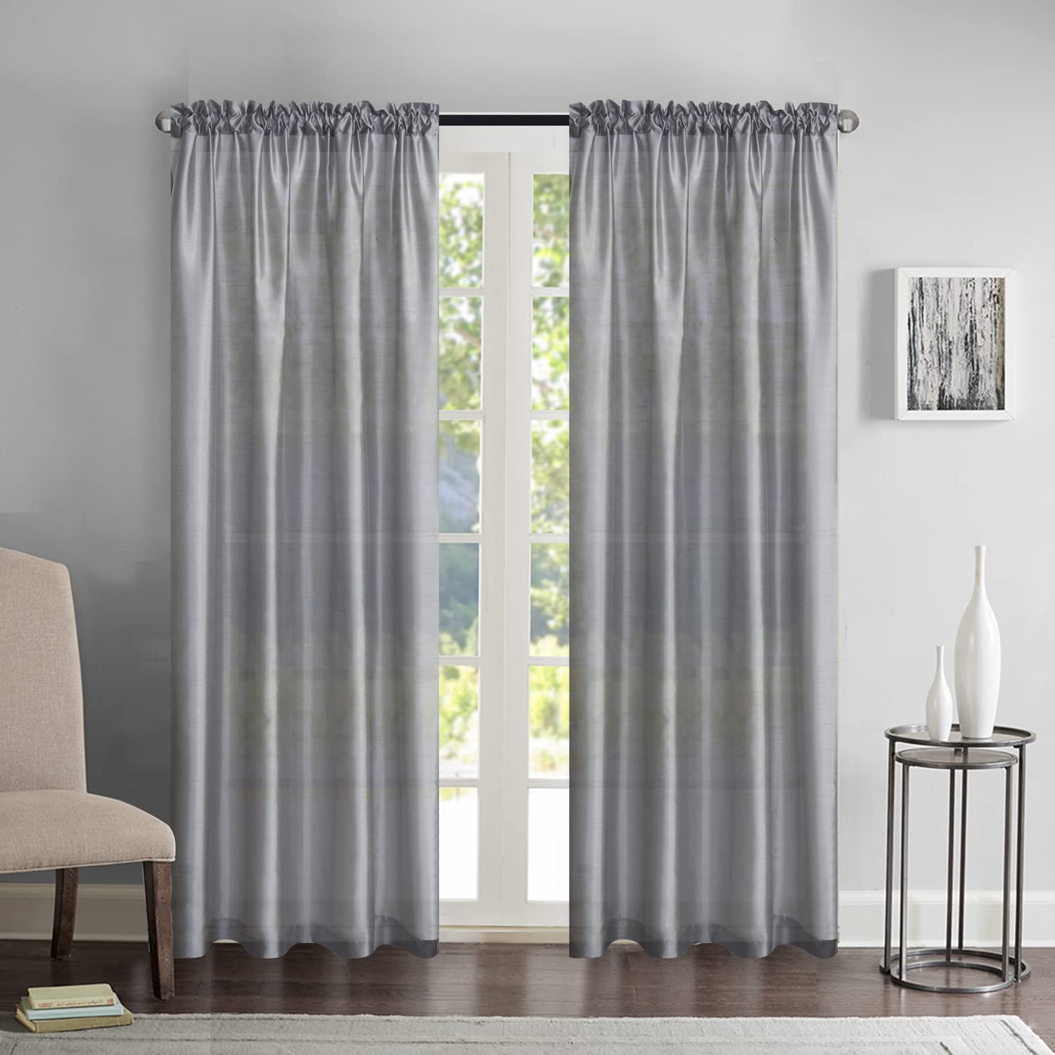 GYROHOME Faux Silk Semi Sheer for Bedroom Dining Room Living Room Rod Pocket Privacy Light Reducing Drapes Window Treatment, 2panels, Silver Grey,