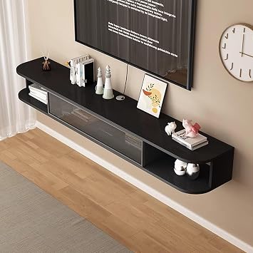 Floating TV Stand, Wall Mounted TV Cabinet, Floating Shelf with Door, Modern Entertainment Media Console Center Large Storage TV Bench, cabinet shelves mesa flotante for Living Room OfficeBlack,160CM