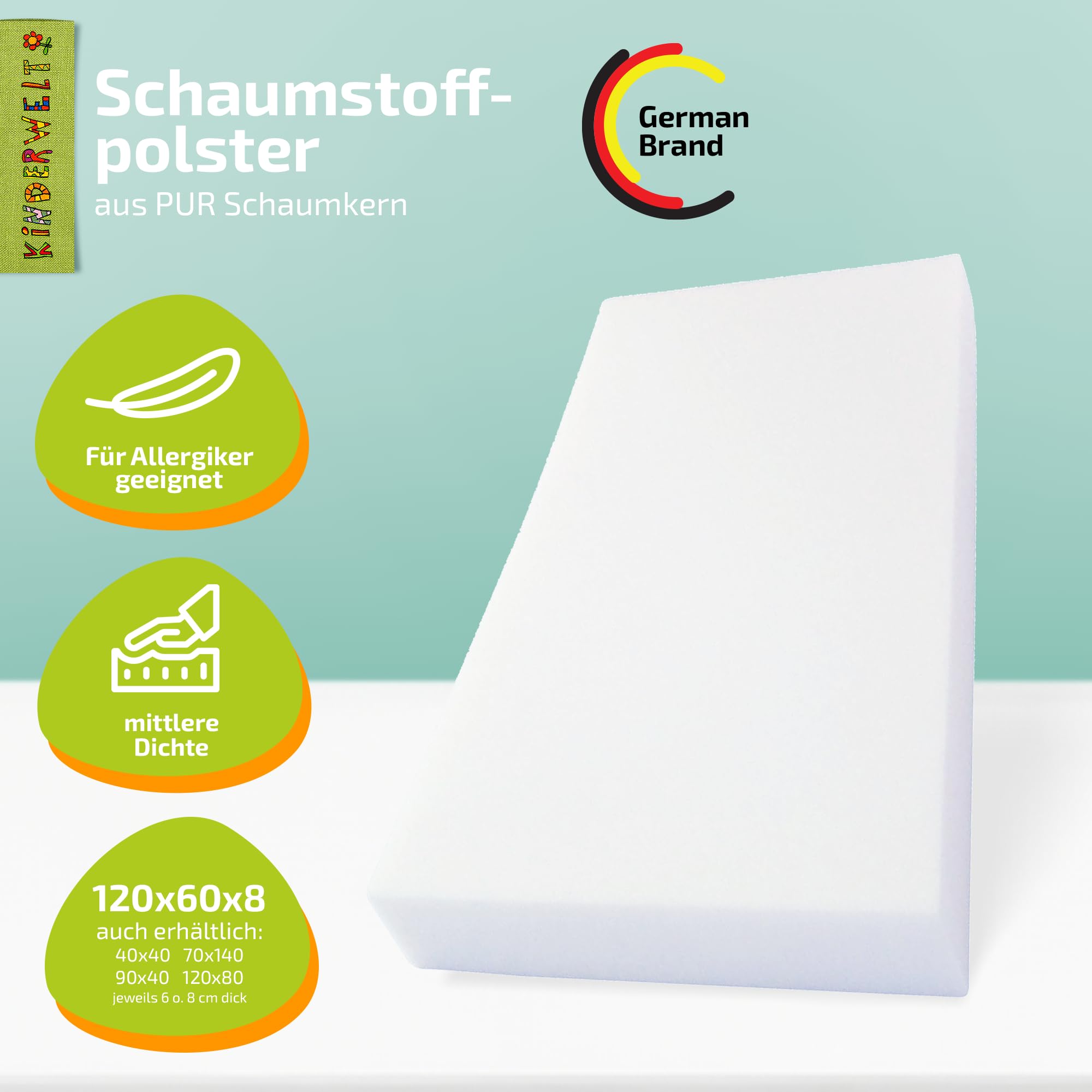 KiNDERWELT Colchón de espuma 120x60x8 cm, panel de espuma de 8 cm, relleno de espuma, colchón de espuma para acolchado de muebles DIY, sobrecolchón, camping, bricolaje