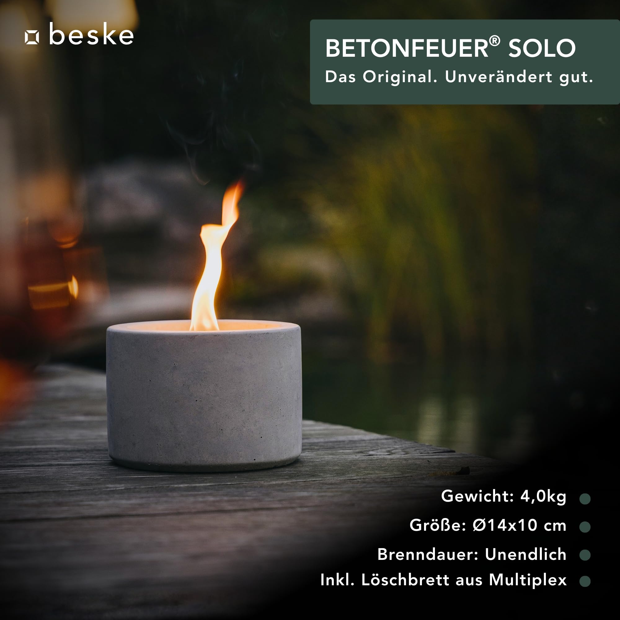 Betonfeuer® - Das Original der Beske-Manufaktur | Modell 'Solo' Ø14cm mit Dauerdocht | Unendliche Brenndauer | Premium Handarbeit aus Deutschland (Ohne Nachfüllwachs, Löschbrett aus Holz)