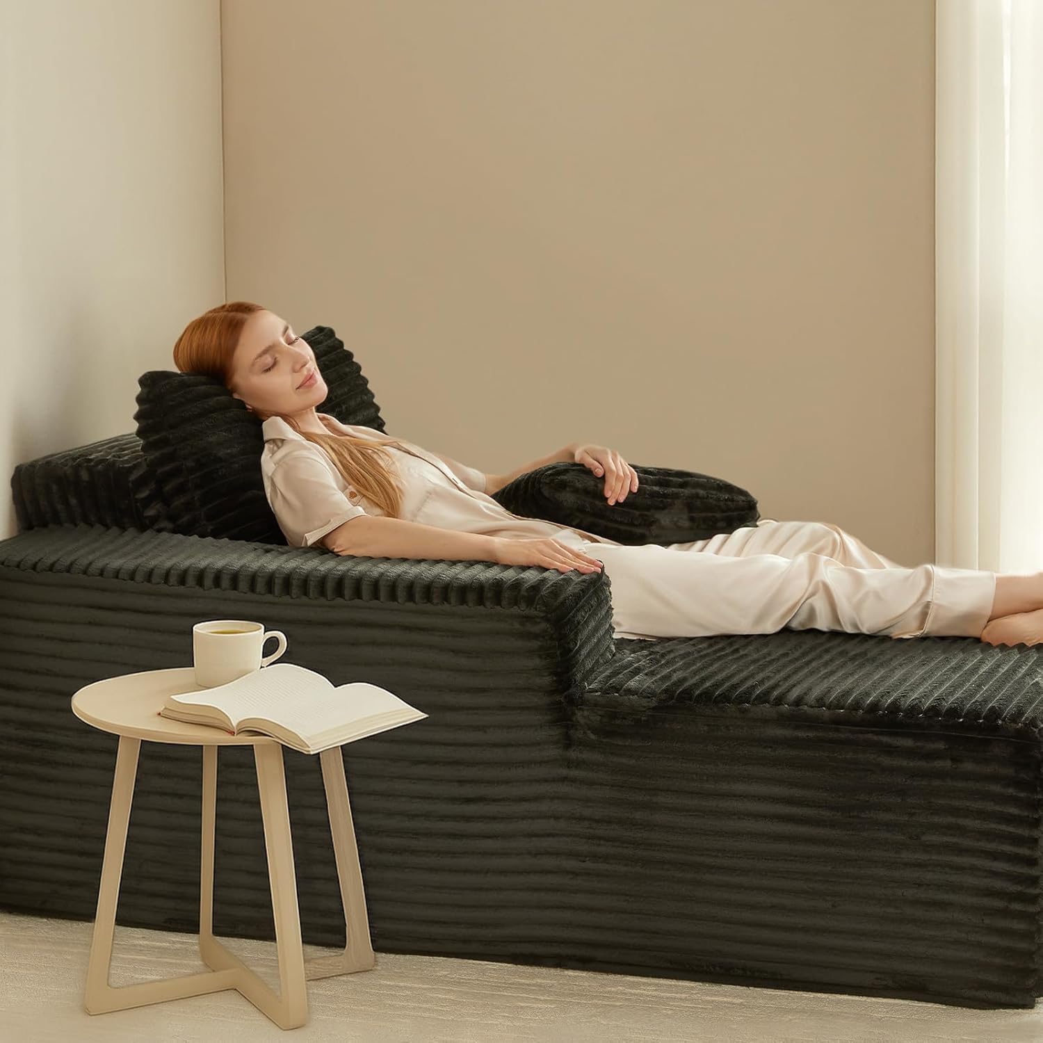 63'' Boneless Chaise Lounge Chair Indoor, Comfy Oversized Chair, Corduroy Upholstered Fluffy Cloud Couch for Living Room, Deep Seat Sleeper Couch Reading Chairs, No Assembly Required (Black)