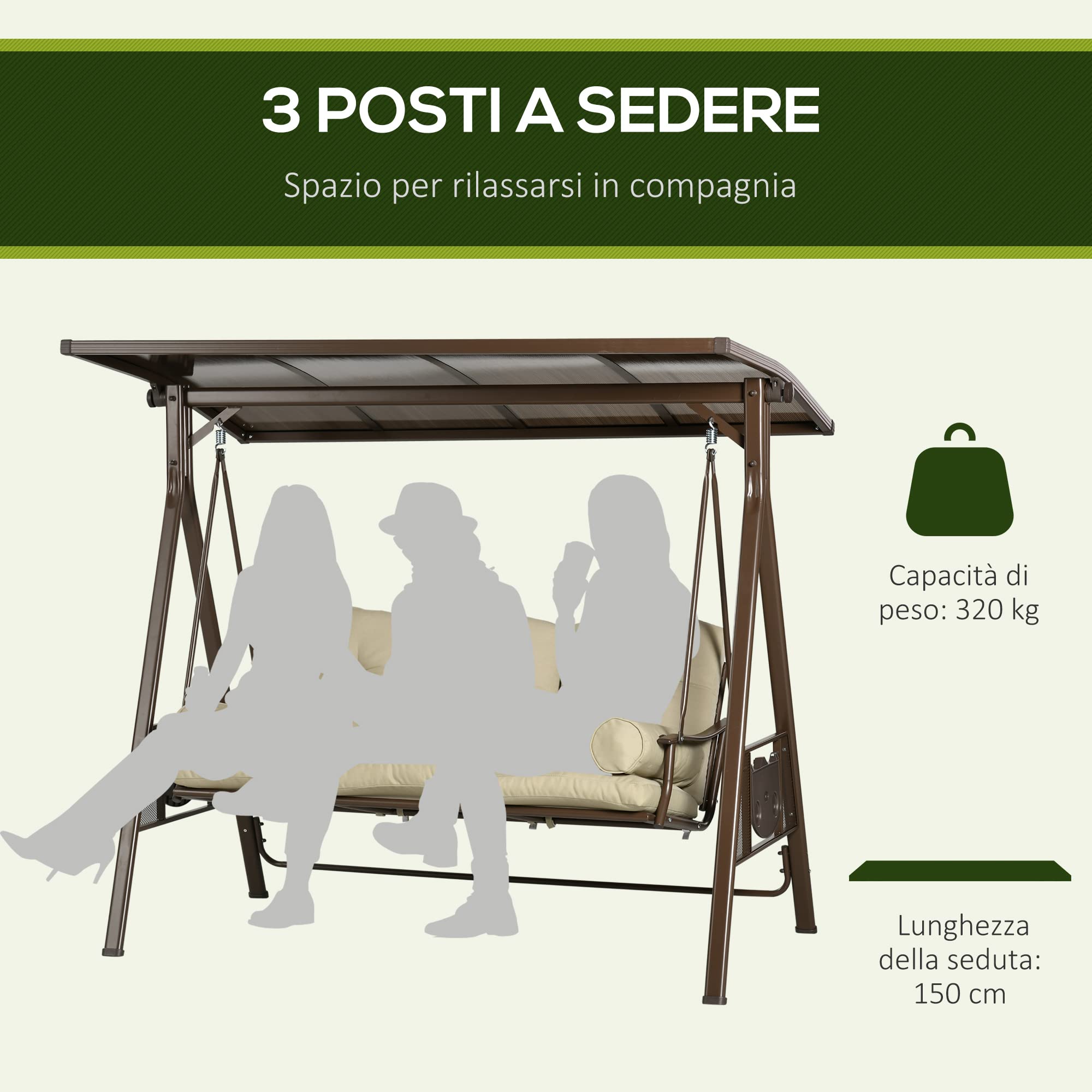 Outsunny Dondolo da Giardino 3 Posti in Acciaio e Poliestere con Tettuccio Inclinabile in PC e Cuscini per Schienale e Braccioli, 208x120x174 cm, Marrone e Kaki