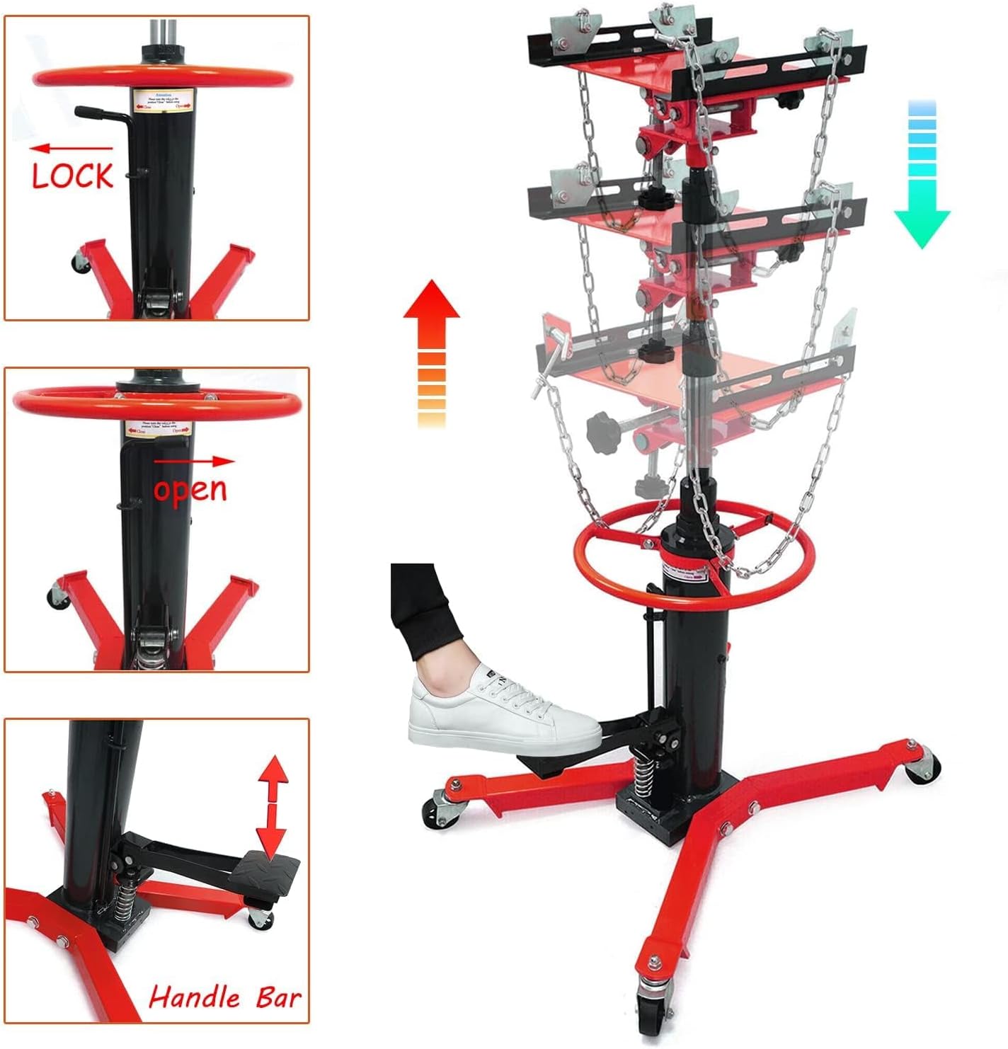 1600lbs Transmission Jack, High Lift Hydraulic Telescopic Jack, 2 Stage Adjustable Telescoping with Foot Pedal and Solid Swivel Wheels (Red)