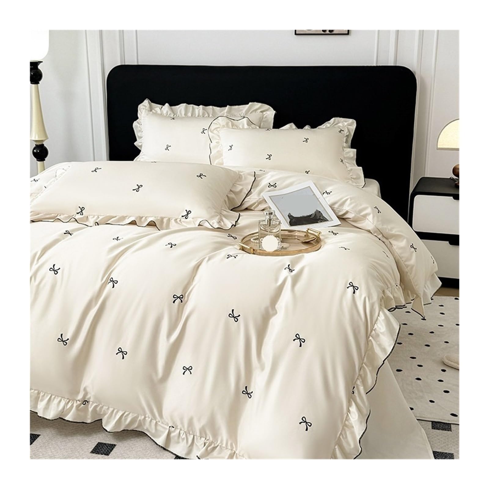 ZHSOAO Lace Duvet Cover Set Dot Print Bedding Ruffles Bed Sheet Pillowcases for Bed(Beige 1,150x200cm 4pcs)