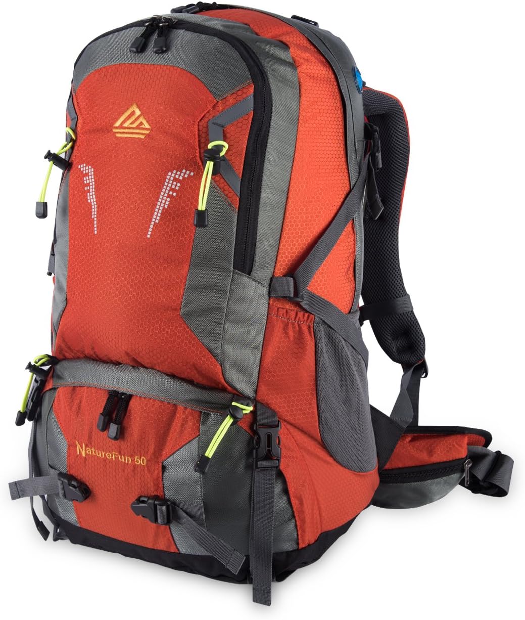 NATUREFUN 50L Internal Frame Backpack Daypack Water Resistant Trekking Bag for Camping,Hiking. Climbing with Rain Cover,For Laptops (Orange)