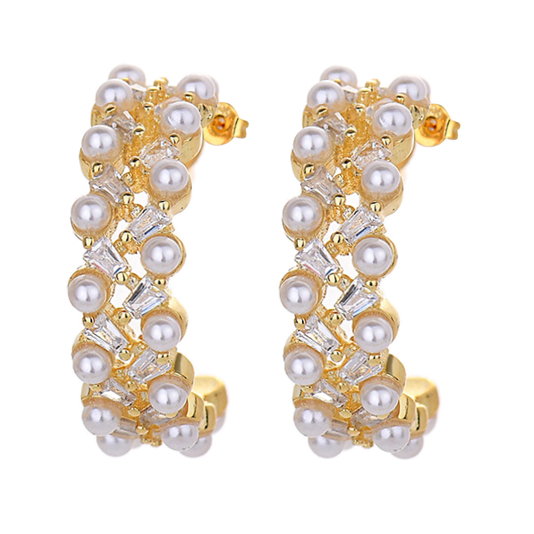 NOVMAY Women's Stud Earrings 14K Gold Plated Huggie Hoop Cubic Zirconia Pearl S925 Sterling Silver Post Hypoallergenic