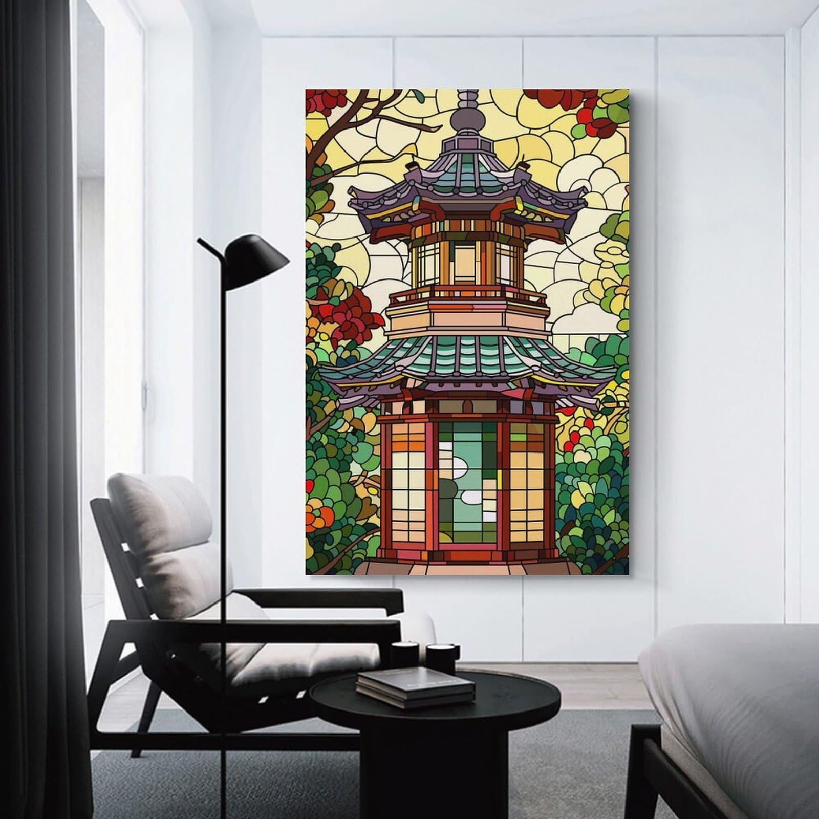 Junmoney Stained Glass Pagoda with Floral Surroundings Room Decor Wall Art 20x30inch(50x75cm), for Bedroom, Guest Room Or Reading Nook, An Easy Wall Refresh for Bedrooms