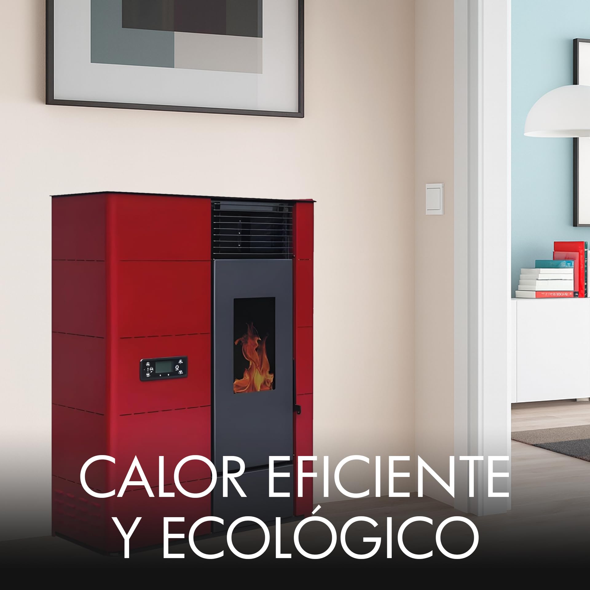 HOME&SOFAS Estufa Pellets de Pasillo | 14Kw Canalizable | Estufa Eléctrica para 140m² | Estufa de Pellets Pequeña con Mando y Programación Automática, Wifi Opcional, Tolva 22 Kg | Calefactor Eficiente