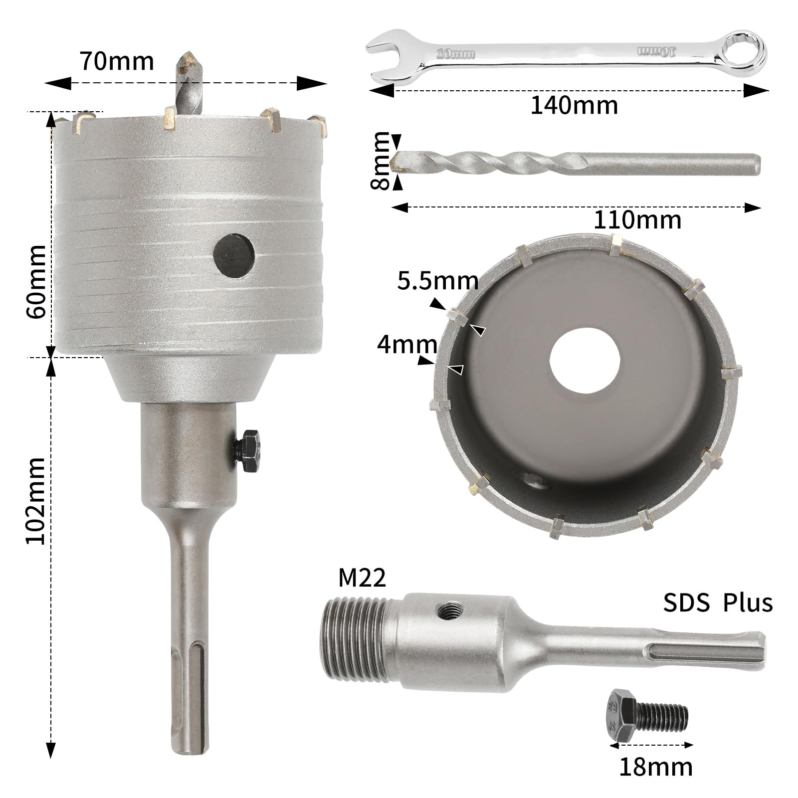 SUQIN Concrete Hole Saw diameter 70mm Concrete Core Drill Bit With 110mm SDS Plus Adapter And Center Drill 8x110mm,Wall Hole Cutter For Brick Concrete Walls Air Conditioning Openings - Image 2