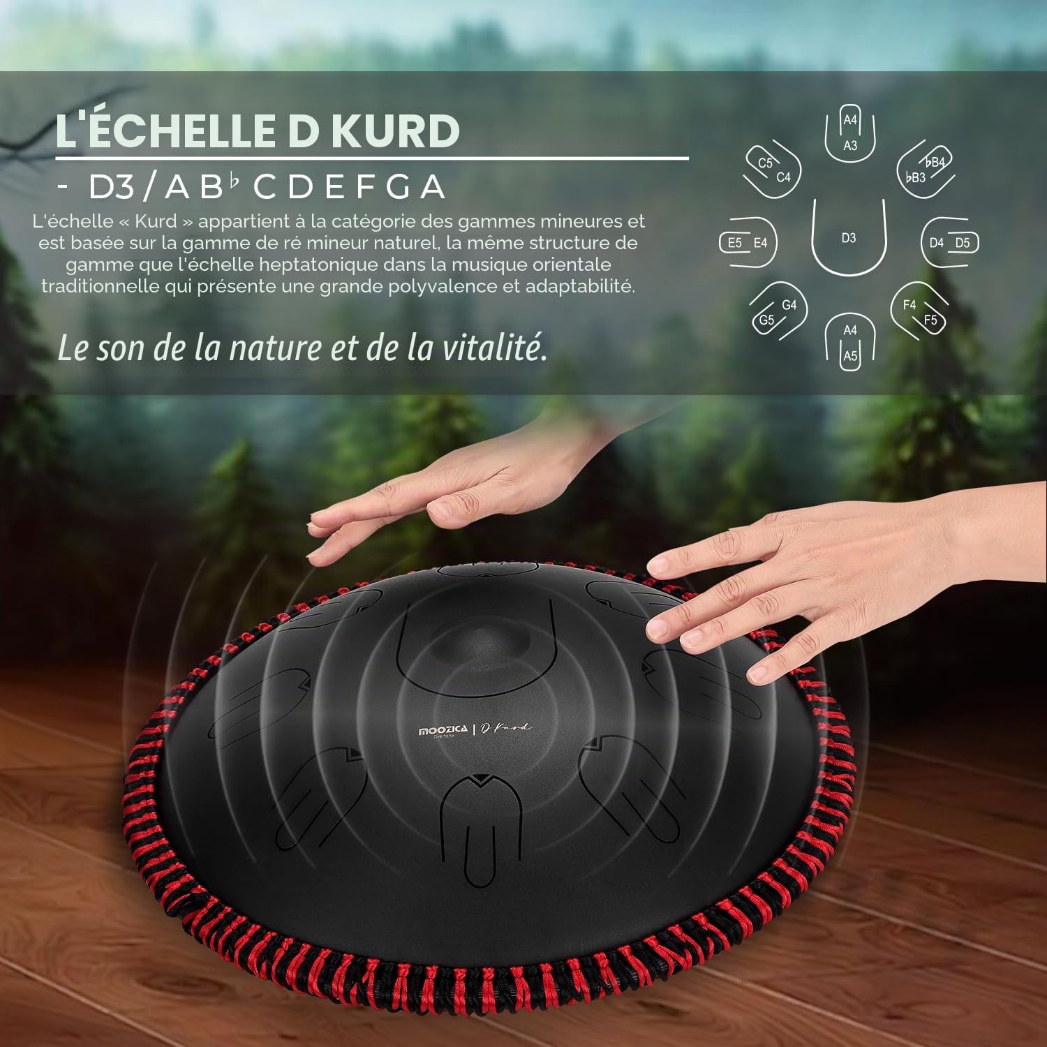 MOOZICA Tongue Drum Handpan, Tambour à Langue 14 pouces 17 notes en D Minor avec Octave Overtone Design, Instrument de percussion Handpan Drum avec sac de transport (D Kurd, Noir)