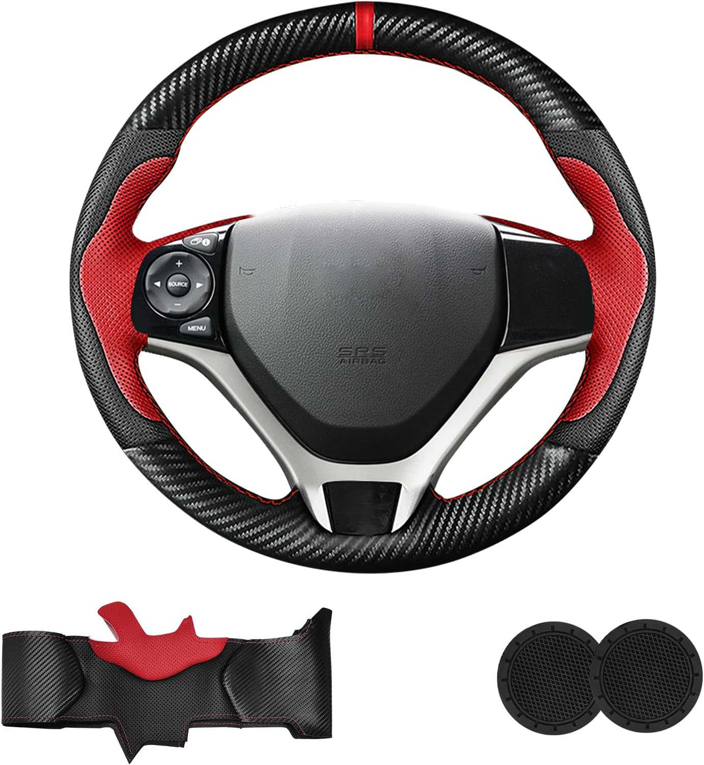 Carbon Fiber DIY Steering Wheel Cover for Honda Civic 9th Generation 2012 2013 2014 2015 Accessories, Stitch on Steering Wheel Wrap with Needle Thread Microfiber Leather 13.5-14.5 inches