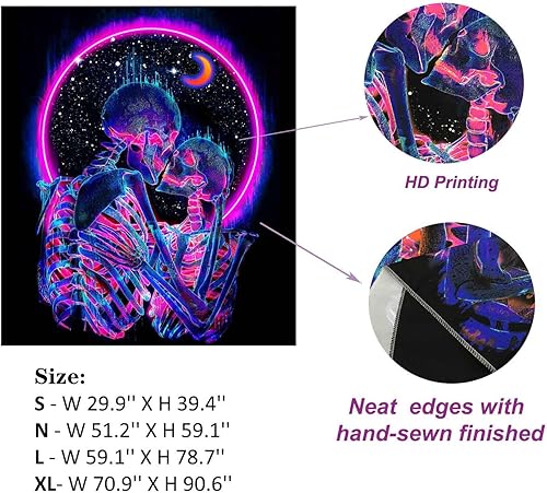 Miniatura 6 de TUGCAY Tapiz de calavera con luz negra que brilla en la oscuridad, tapiz para amantes de los besos, esqueleto, neón, luna trippy, estrellas,