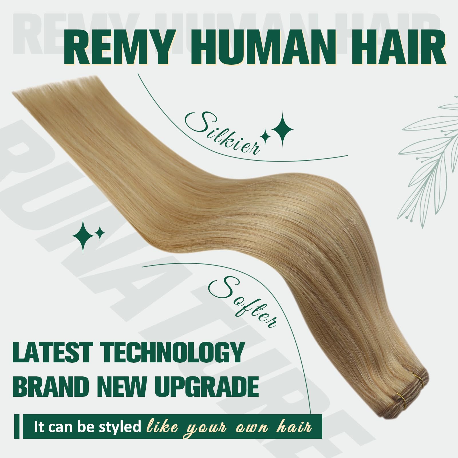 RUNATURE Weft Hair Extensions Real Human Hair Blonde Sew in Extensions Human Hair Ash Blonde Highlighted with Golden Blonde Double Weft Hair 100G/Pack 16 inch #P16/24 - Image 3
