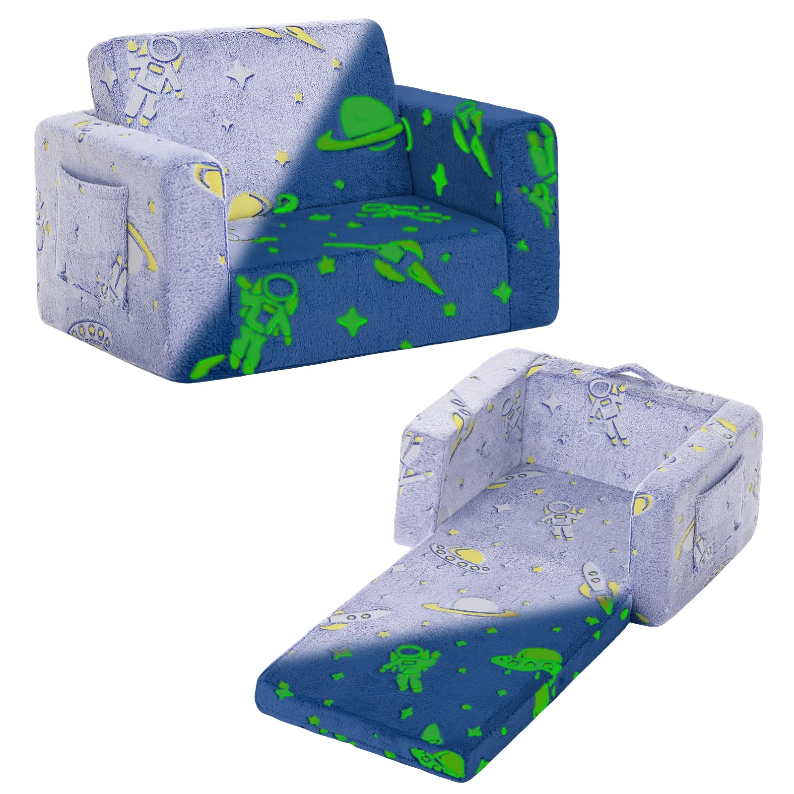 Tiita Kids Sofa, 2-in-1 Kids Sofa Chair, Convertible Chirldren Couch to Lounger, Flip Out Kids Sofa Chair, Toddler Armrest Chair Bed, Folding Kids Play Sofa for Girl or Boy(Blue Astronauts)