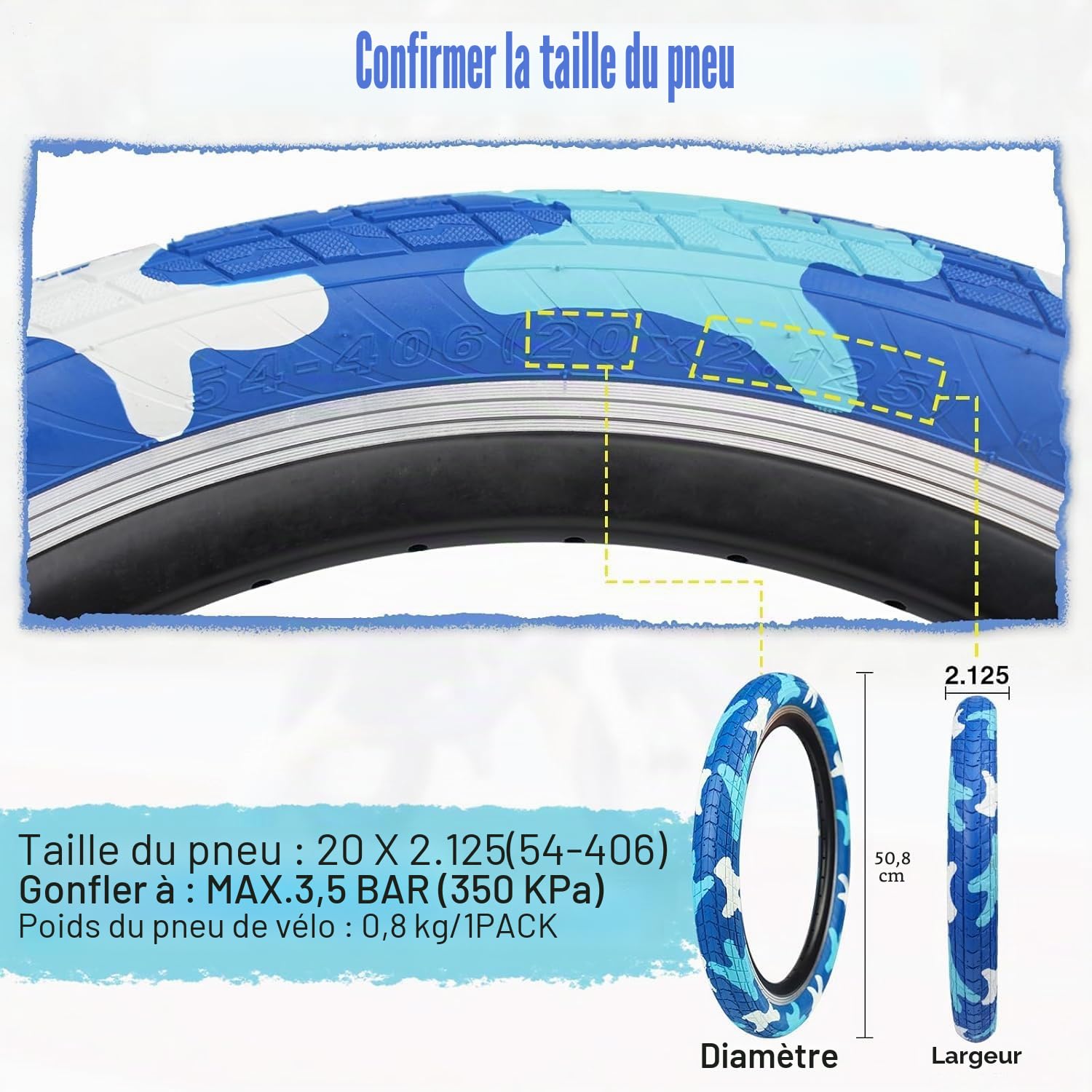 ZUKKA Lot de 2 pneus de vélo 20 x 2,125 - Bleus - 54-406 (20 x 2,125) - Pneus de vélo BMX avec chambres à air - Pour enfants - Bleu - 20" - Convient pour les vélos BMX pour enfants