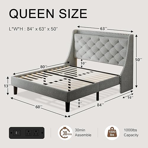 Miniatura 2 de Base de cama tamaño Queen con cabecero de almacenamiento capitoné con botones en la parte trasera y puertos tipo CA, plataforma tapizada, soporte de