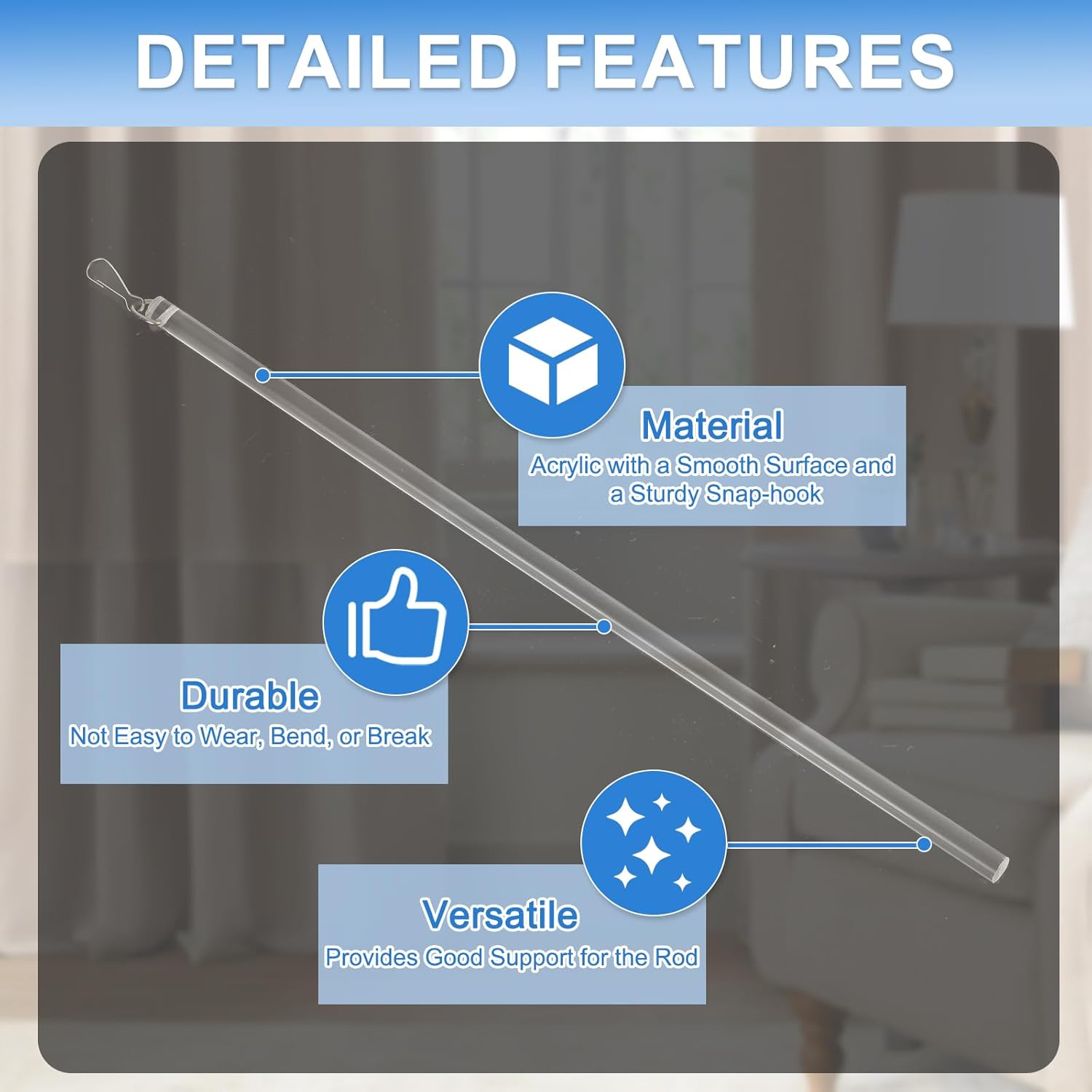 uxcell 4Pcs 17" Acrylic Drapery Wand, Invisible Curtain Pull Rod with Hook, Universal Tilt Wand Replacement Part for High Hanging Curtain Opening-Closing, Clear (Pack of 2)