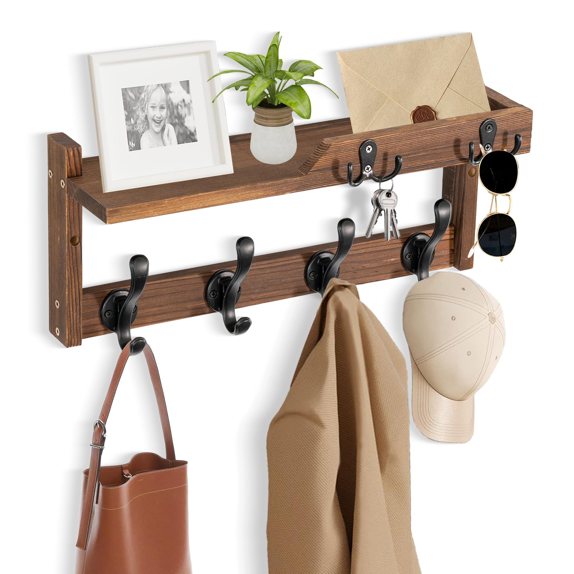 Coat Rack Wall Mount with Shelf Wood Entryway Floating Shelf Key