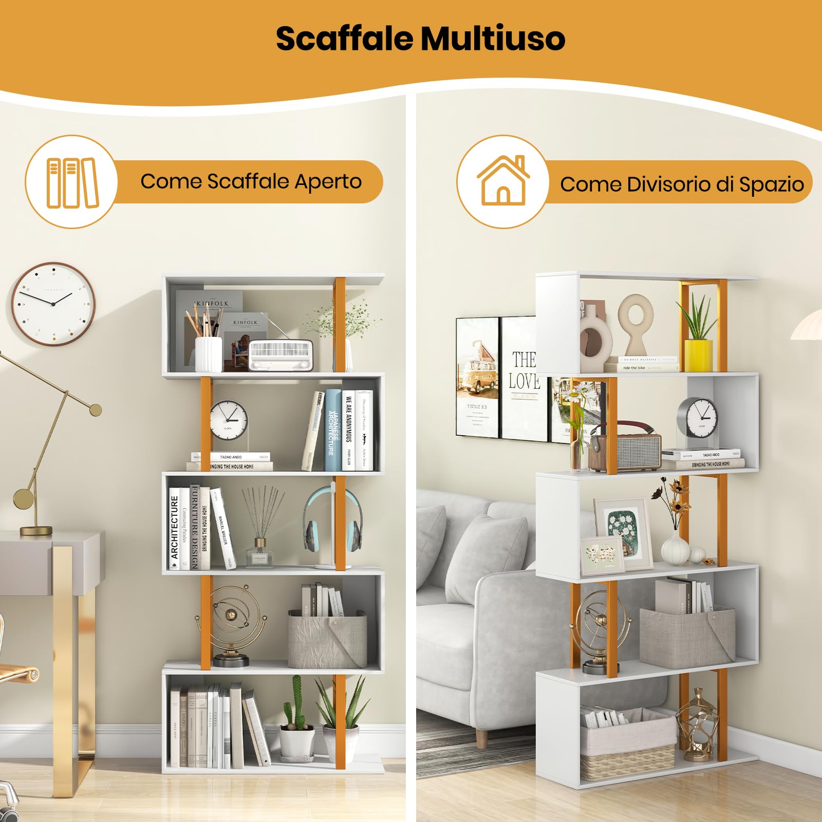 HOMCOM Libreria A 5 Ripiani In Bambù A Forma Di S – 62.5x23x165 Cm, Salvaspazio Verticale, Scaffale Asimmetrico Per Soggiorno, Camera E Ufficio – Include Kit Anti-Ribaltamento