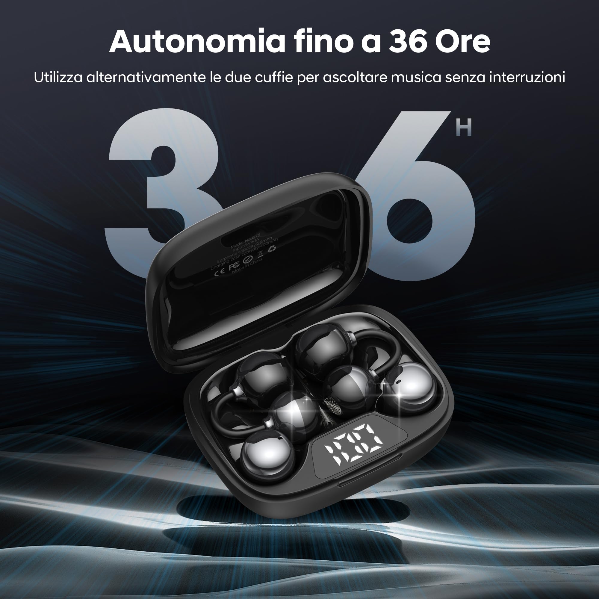 Set 2 in 1 Stiloso di Auricolari Bluetooth Clip e Cuffie Wireless Bluetooth con 36 Ore di Batteria, Bassi Potenti, Ultracompatto e IPX5, Per Lavoro, Sport e Sonno, Modalità di Utilizzo Giorno/Notte
