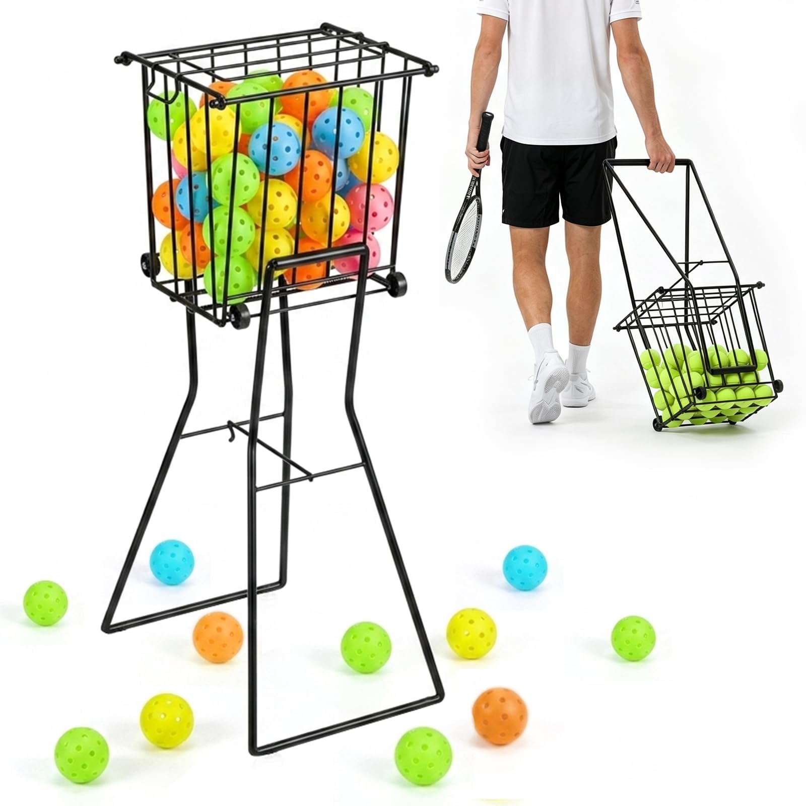 Tennis Ball Hopper with Wheels, Pickleball Picker Upper, Tennis Ball Basket