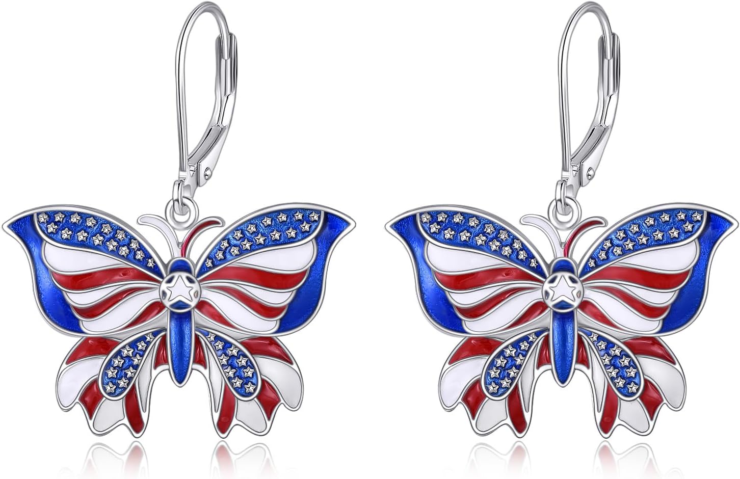 American Flag Star Earrings Sterling Silver 4th of July Earrings Cubic Zirconia Butterfly Dangle Jewelry Birthday Gifts for Women