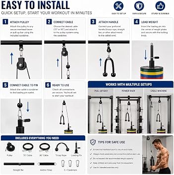 Lat Pull Down and Lift Weight Pulley System,Cable Pulley System Gym,Dual Cable Machine Attachments with Upgraded Loading Pin for Biceps Curl, Tricep, Arm Workouts Home Gym Pulley System
