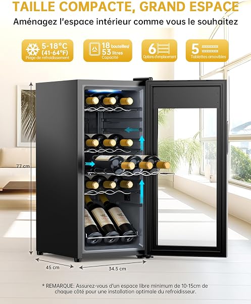 WIE Cave à Vin 18 Bouteilles 53L Réfrigérateur à Vin 5°C-18°C Refroidissement par Compresseur Verre Porte Panneau Tactile LED Intérieur Frigo Vin Bar Intérieur/Extérieur - 5
