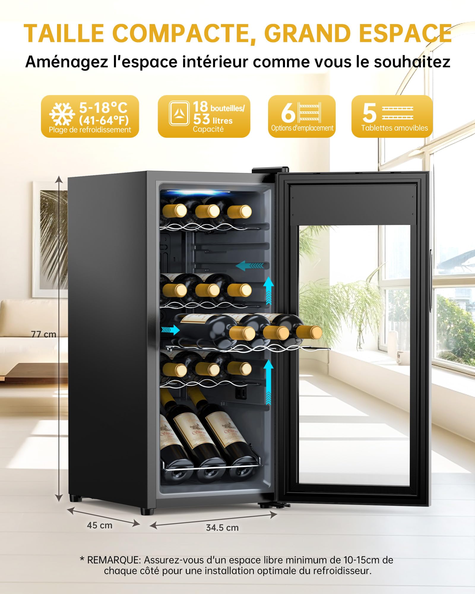 Cave à Vin 18 Bouteilles 53L Réfrigérateur à Vin 5°C-18°C Compresseur Verre Porte Panneau Tactile LED