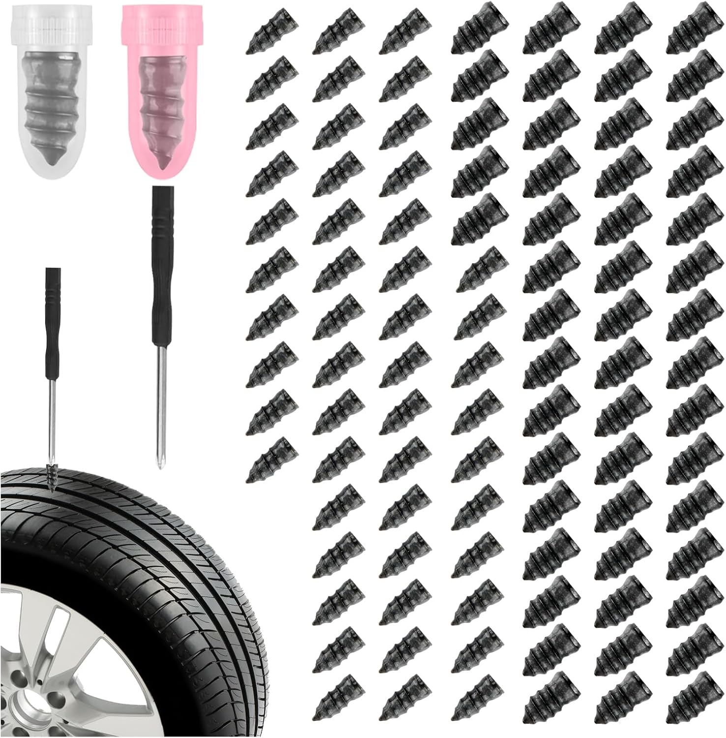 100PCS Car Tire Repair Rubber Nail Kit,2 Sizes Car Tire Plugs Screw Type & Screwdriver,Self Repair Portable Cars Tires Plug Kit as Vehicle Emergency Tools for Most Vehicles