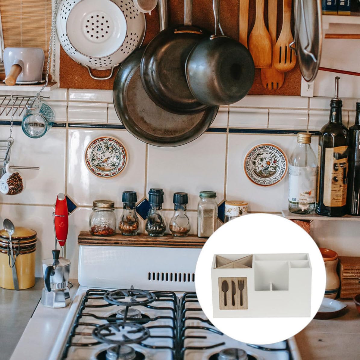Holz Besteckkasten für Küchenutensilien Weiß Schlank und Einfach zu Reinigen für Home Kitchen zur Ordentlichen Aufbewahrung von Kochbesteck