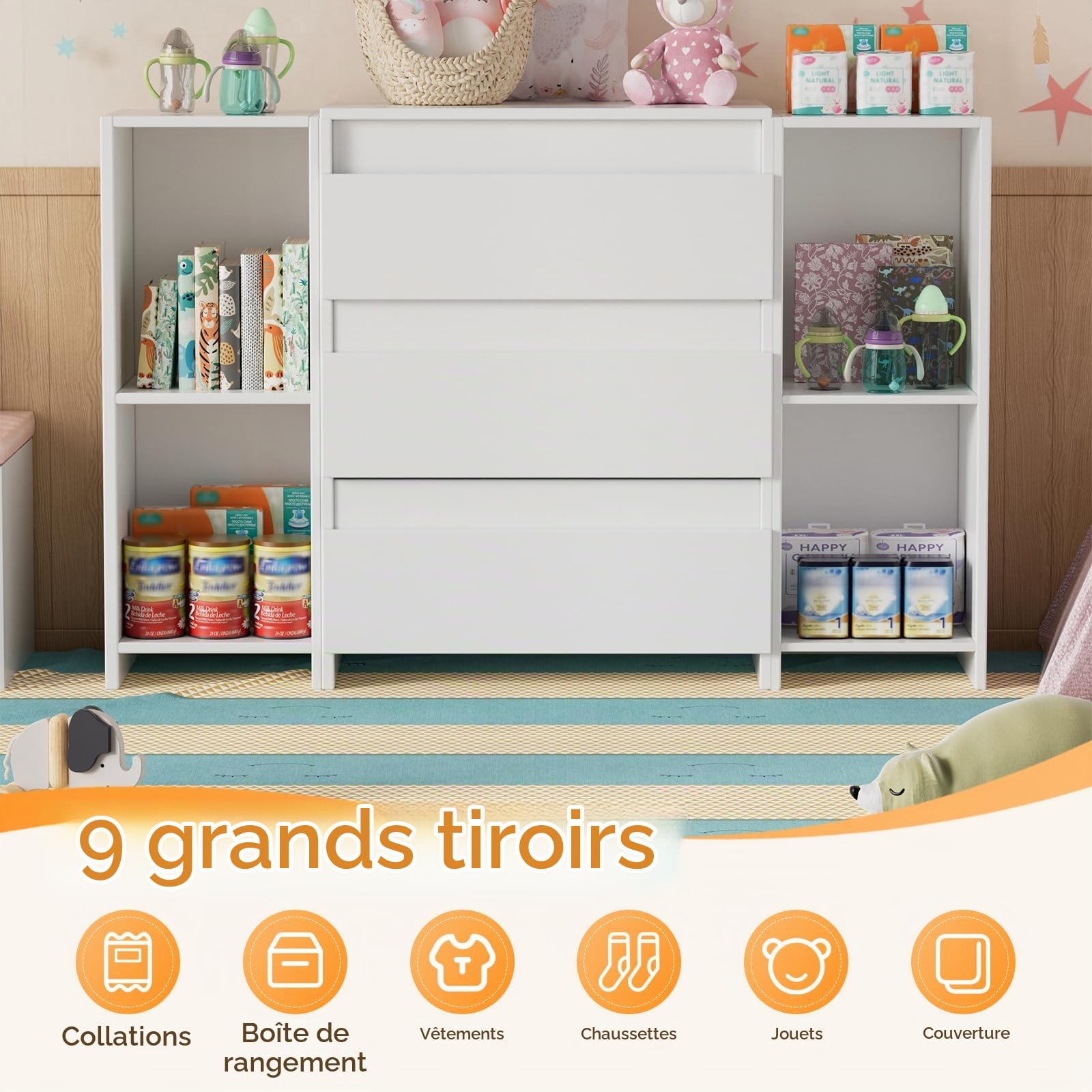 MSFE Table a Langer Bebe,2 et 1 Commode avec Amovible Plan à langer,Compacte Enfant Meuble Tables à Langer avec 3 Tiroirs et 6 Ouverts,Convient pour une Chambre d'enfant,73x70x78cm/113x32x70cm,Blanc