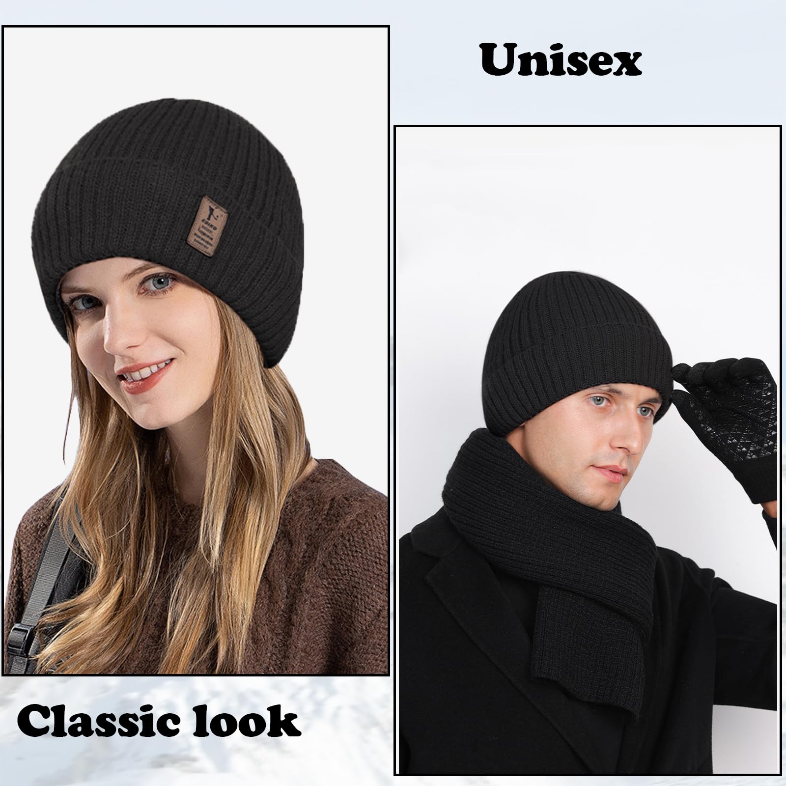 Negro Gorro de Punto Hombres y Mujeres, Invierno Termicos Gorro Beanie de Punto, Cálido Gorra de Polar, Gorros Cálidos de Invierno, Gorro de Punto Grueso