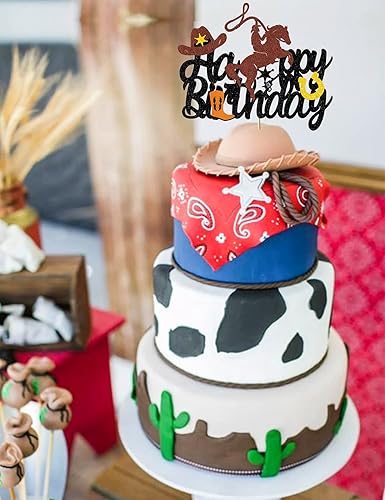Miniatura 6 de Decoraciones y decoraciones para tartas de vaquero de feliz cumpleaños occidental, suministros para fiestas temáticas de vaquero con purpurina