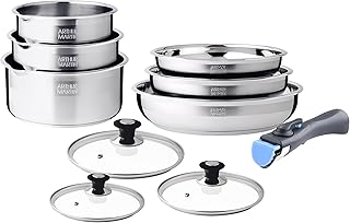 ARTHUR MARTIN - Batterie de Cuisine 10 Pièces en Inox, Casseroles Et Poêles Antiadhérentes, Couvercles, Ustensiles Inclus, Compatible Tous Feux, Poignée Amovible, Finition Satinée